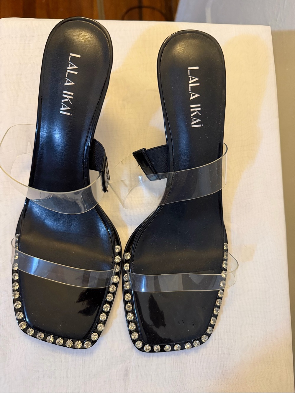 Amazon Black Rhinestone-Trim Clear Strap Slide Heels